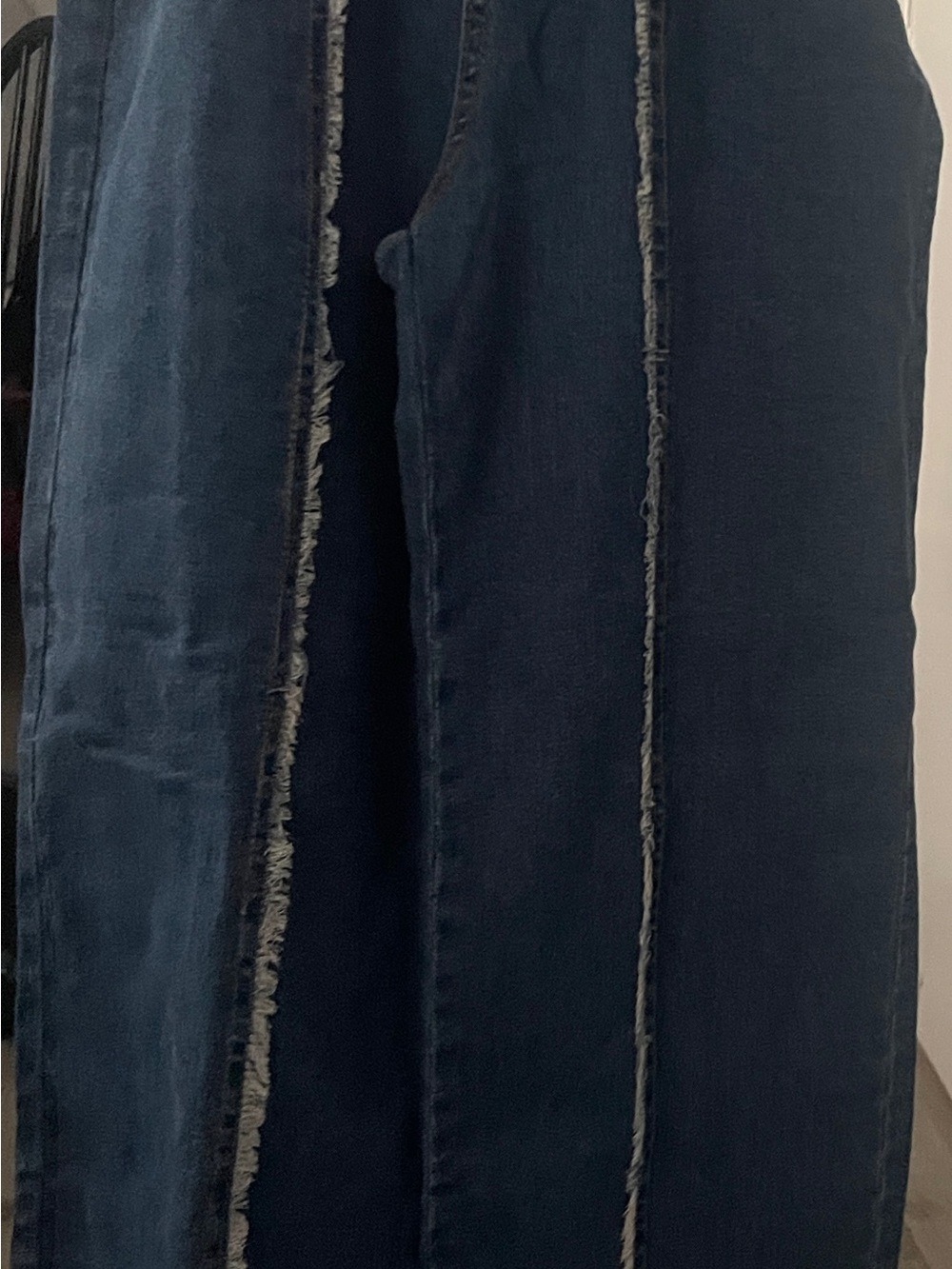 Wide-Leg Frayed-Trim Dark Blue Jeans for Women